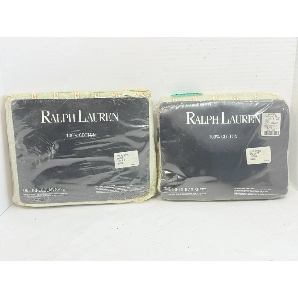Ralph Lauren King Sheet Lot 2 Coco Palm Stripe 100% Cotton NOS Irregular Set NEW